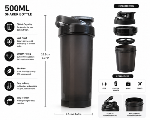 500ML Protein Shaker Bottle Leak Proof BPA Free Gym Shaker with Mixing Filter for Whey Protein, Workout & Fitness