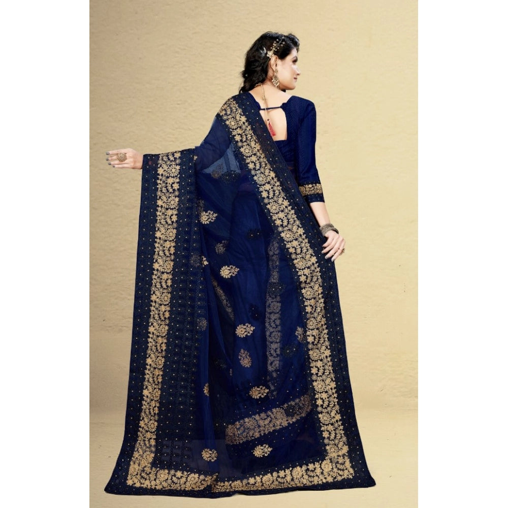 Generic Women's Net Saree With Blouse (Navy Blue, 5-6Mtrs)