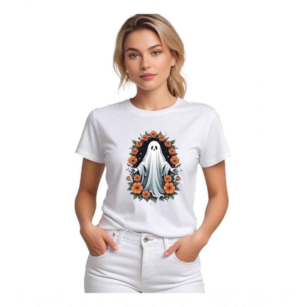Generic Women's Polyester Solid Printed Round Neck Half Sleeve T-shirt (White)