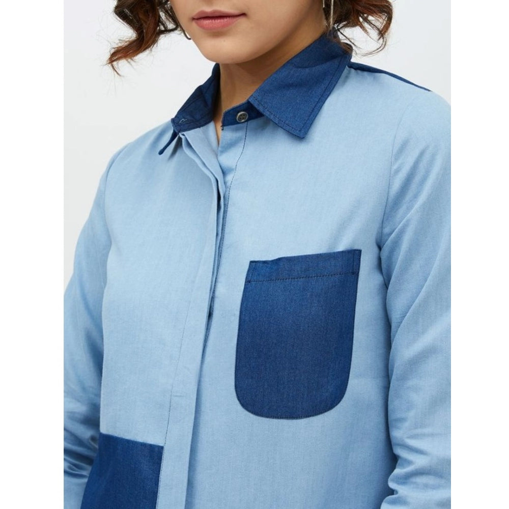 Generic Women's Denim Patch Work Long Sleeves Standard Length Shirt (Blue)