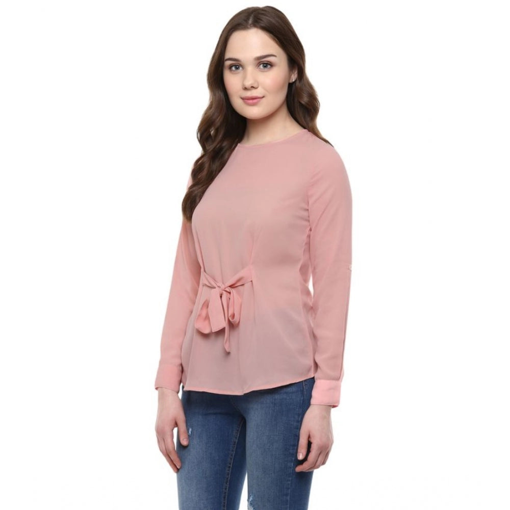 Generic Women's Polyester Solid Long Sleeves Regular Top (Pink)