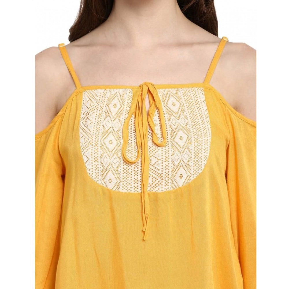 Generic Women's Rayon Embellished Cold Shoulder Regular Top (Mustard Yellow)