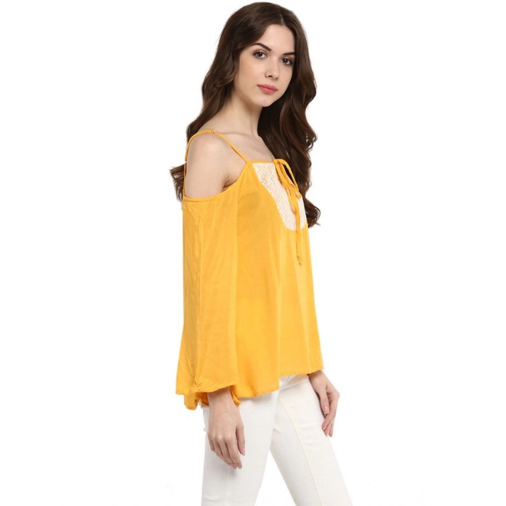 Generic Women's Rayon Embellished Cold Shoulder Regular Top (Mustard Yellow)