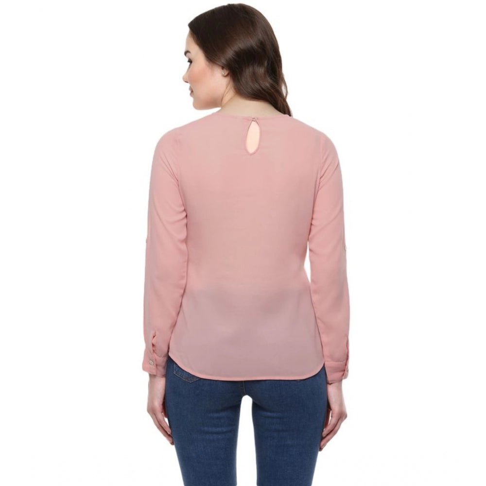 Generic Women's Polyester Solid Long Sleeves Regular Top (Pink)