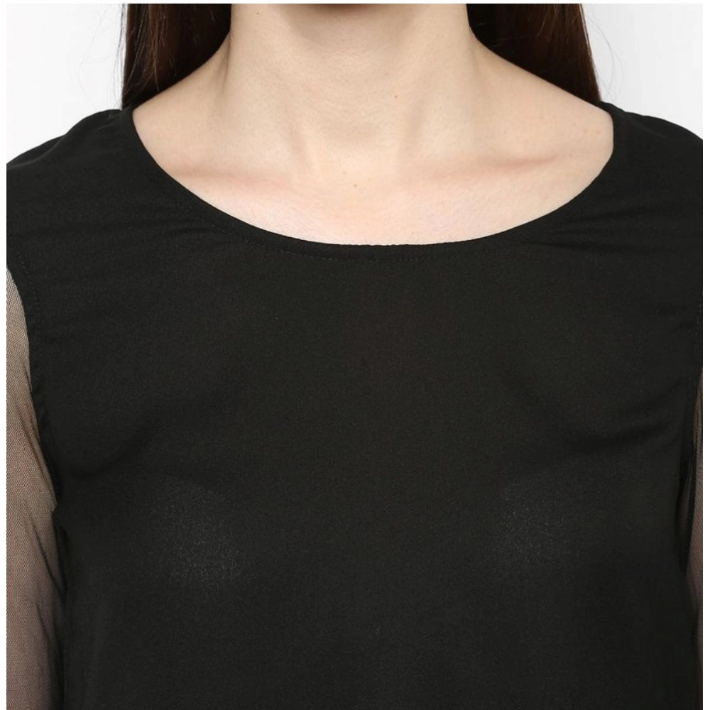 Generic Women's Polyester Solid Tier Sleeve Top (Black)