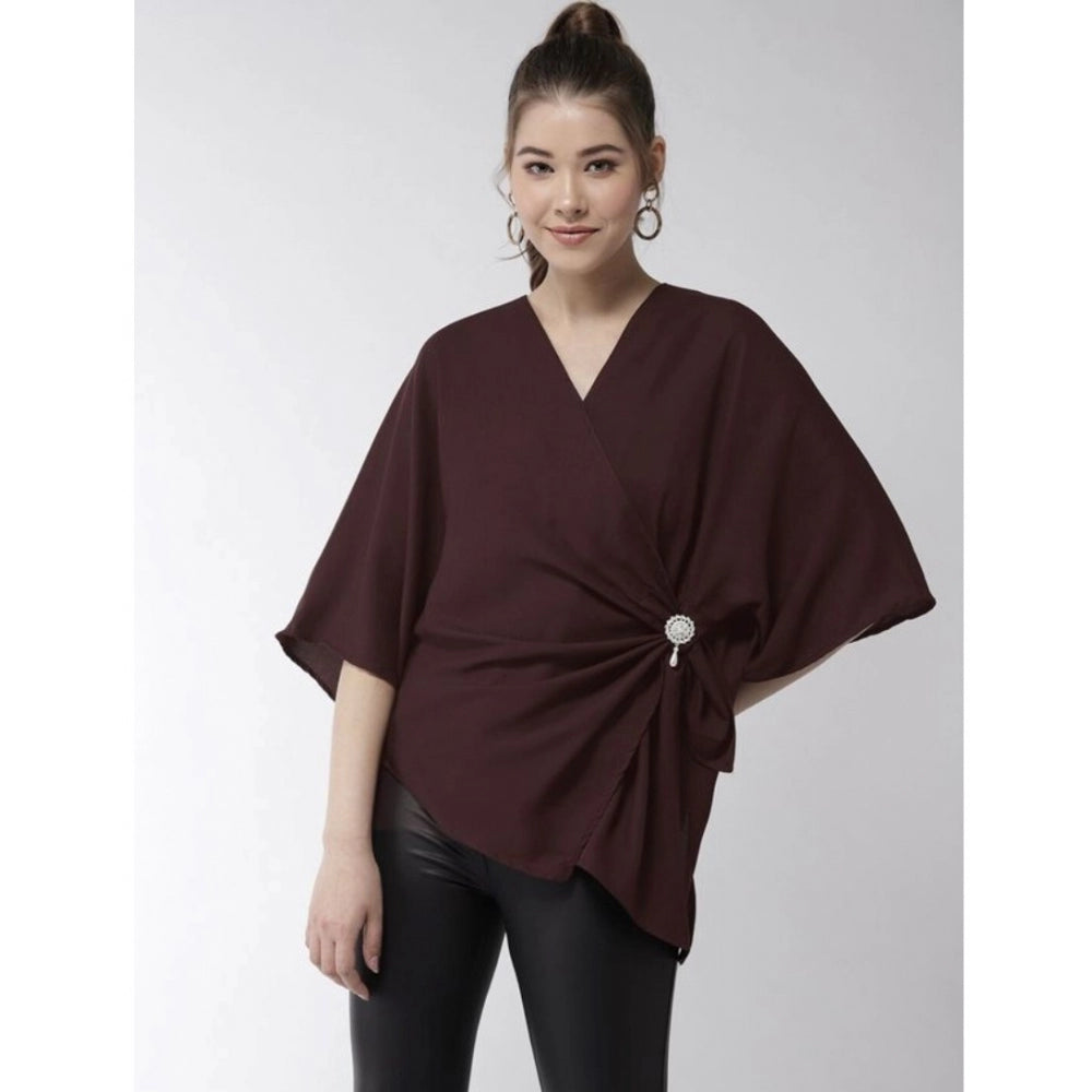 Generic Women's Polyester Solid Cape Sleeve Top (Maroon)