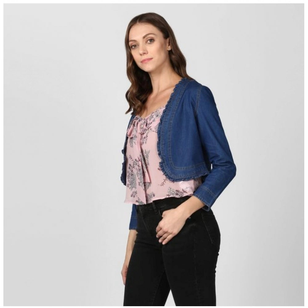 Generic Women's Denim Ruffled Long Sleeves Shrug (Navy Blue)