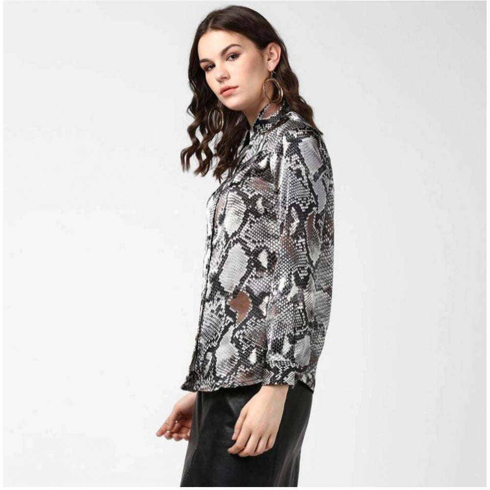 Generic Women's Satin Animal Print Long Sleeves Standard Length Shirt (Black - Grey)