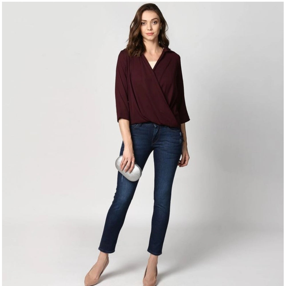 Generic Women's Polyester Solid 3-4th Sleeves Top (Maroon)