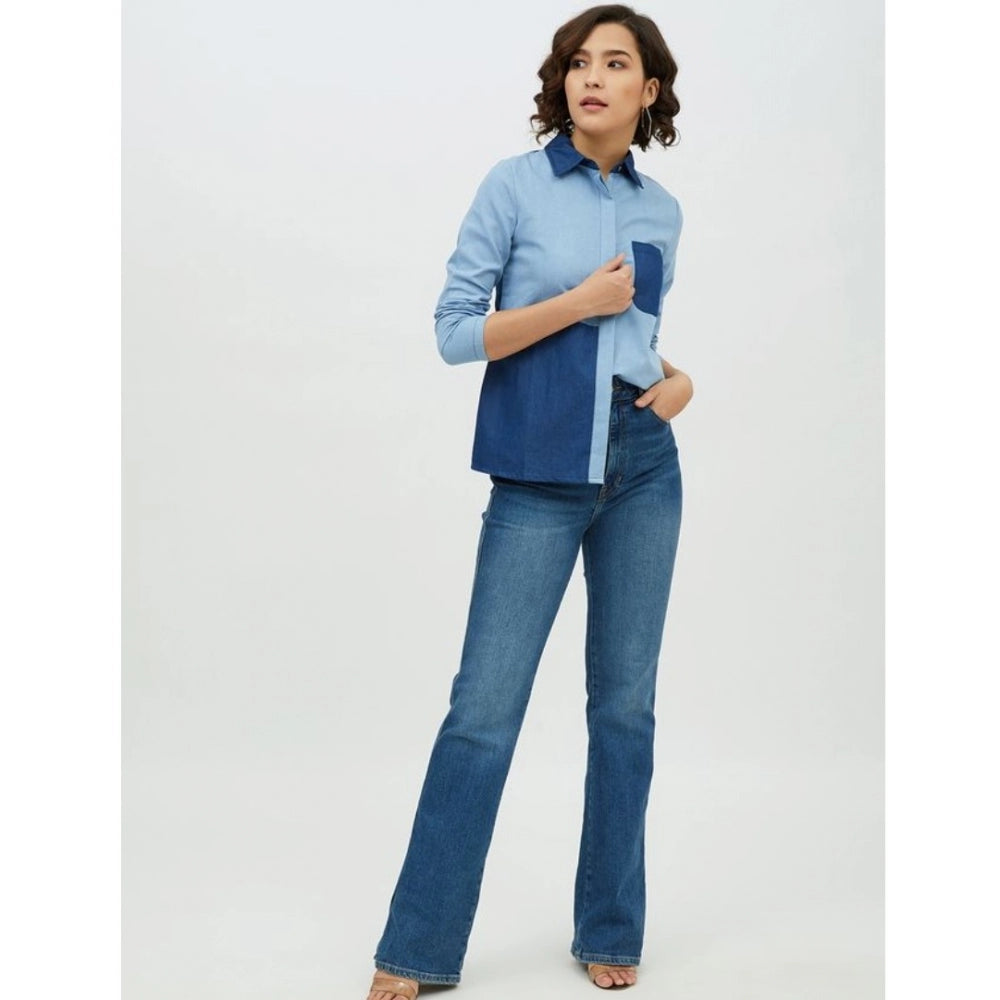 Generic Women's Denim Patch Work Long Sleeves Standard Length Shirt (Blue)