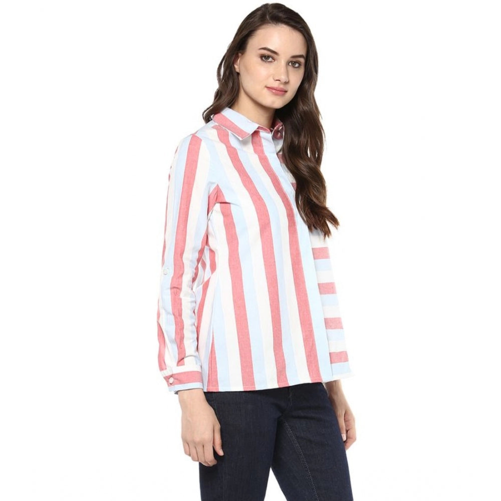 Generic Women's Cotton Striped Roll Up Sleeve Regular Top (Red)