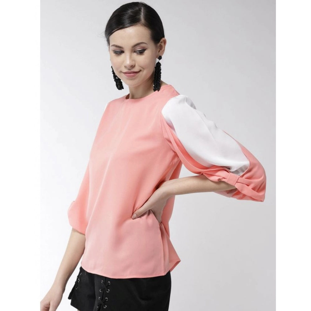 Generic Women's Polyester Colour Block Slit Sleeve Top (Pink)