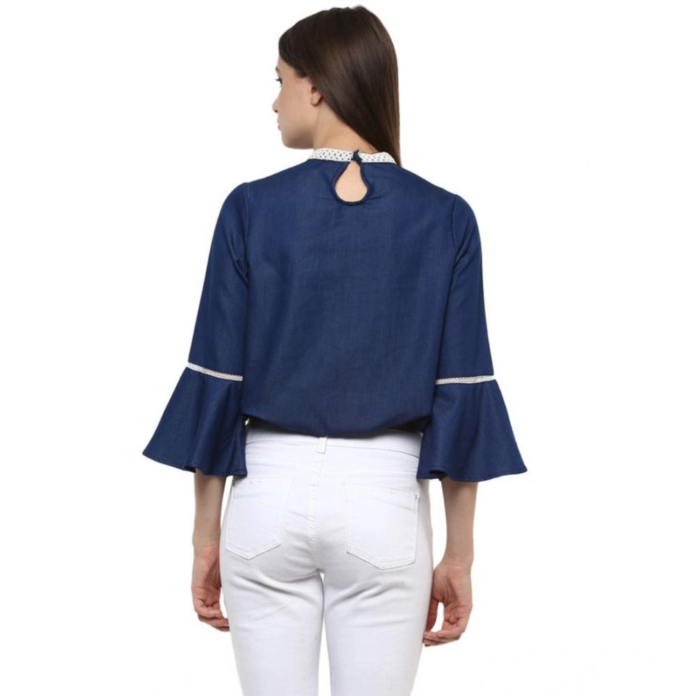Generic Women's Polyester Solid Bell Sleeve Regular Top (Blue)