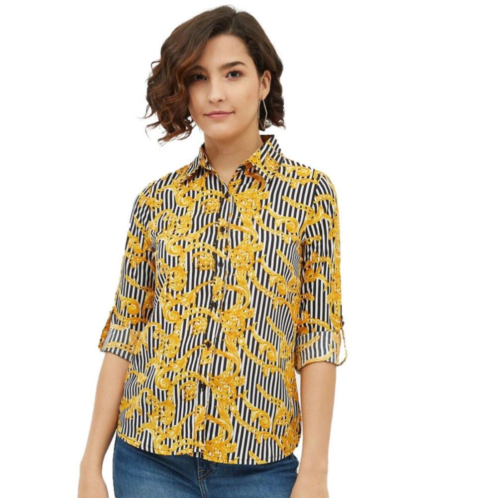Generic Women's Polyester Printed Roll Up Sleeve Standard Length Shirt (Mustared)