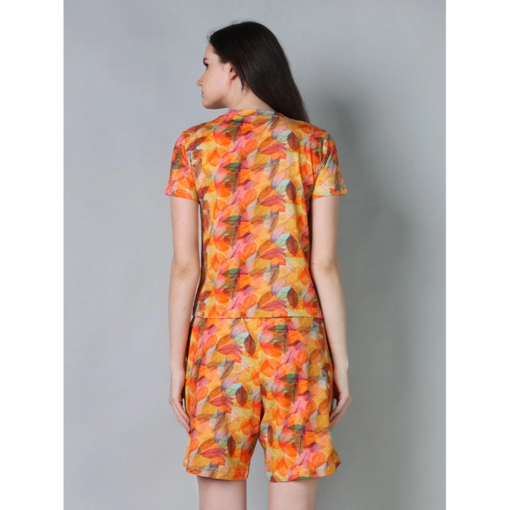 Generic Women's Cotton Blended Printed Round Neck Half Sleeve Top - Shorts Set (Yellow)