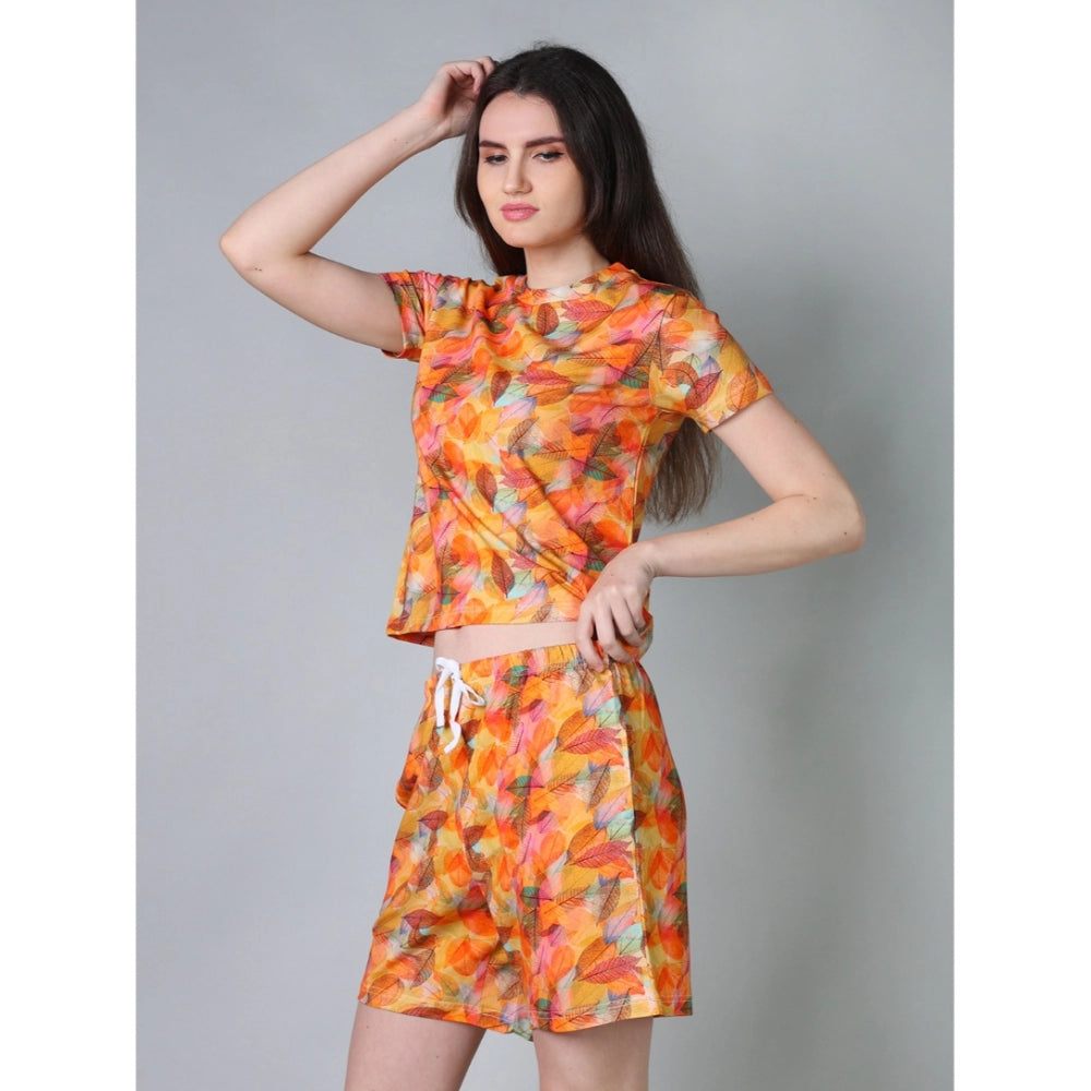 Generic Women's Cotton Blended Printed Round Neck Half Sleeve Top - Shorts Set (Yellow)