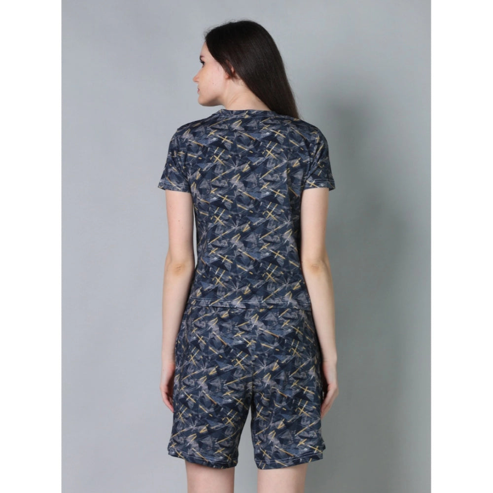 Generic Women's Cotton Blended Printed Round Neck Half Sleeve Top - Shorts Set (Navy)