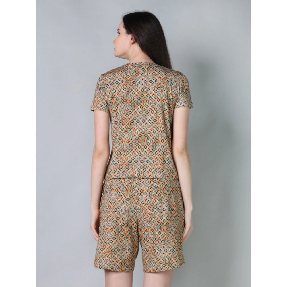 Generic Women's Cotton Blended Printed Round Neck Half Sleeve Top - Shorts Set (Beige)