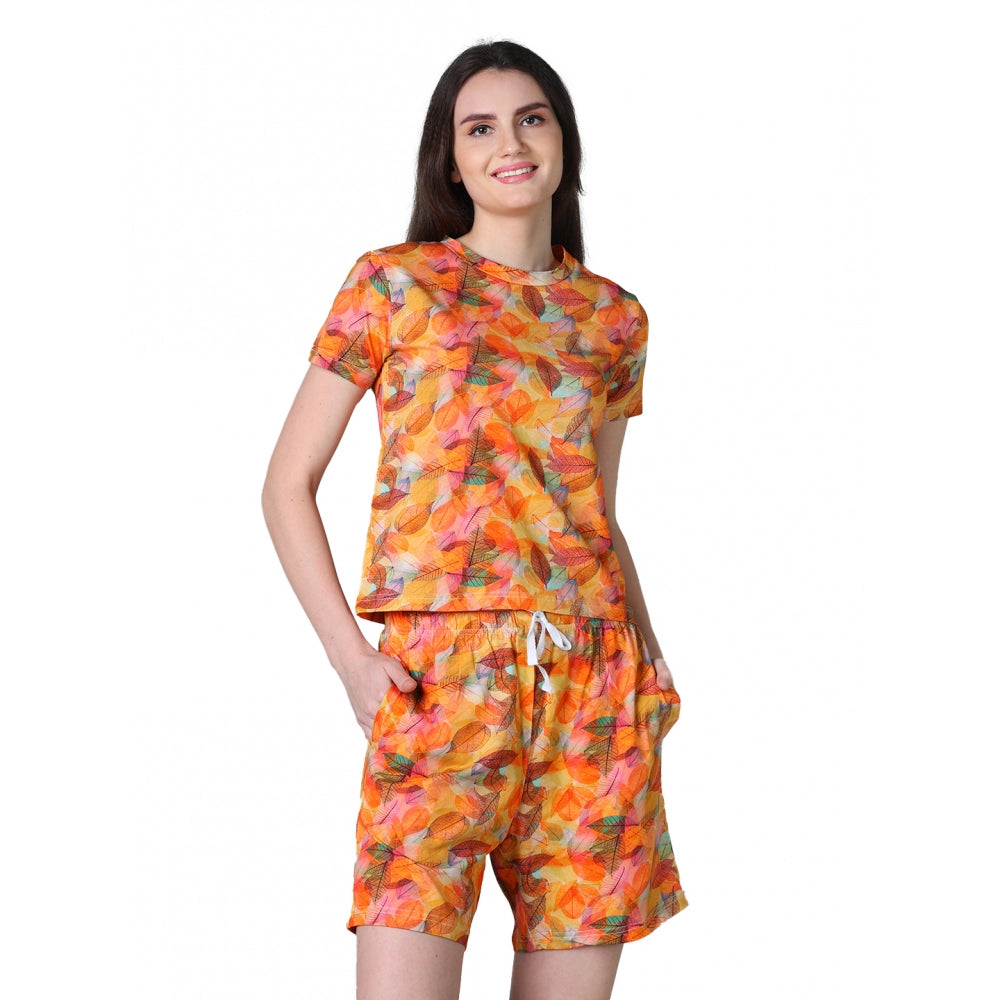 Generic Women's Cotton Blended Printed Round Neck Half Sleeve Top - Shorts Set (Yellow)
