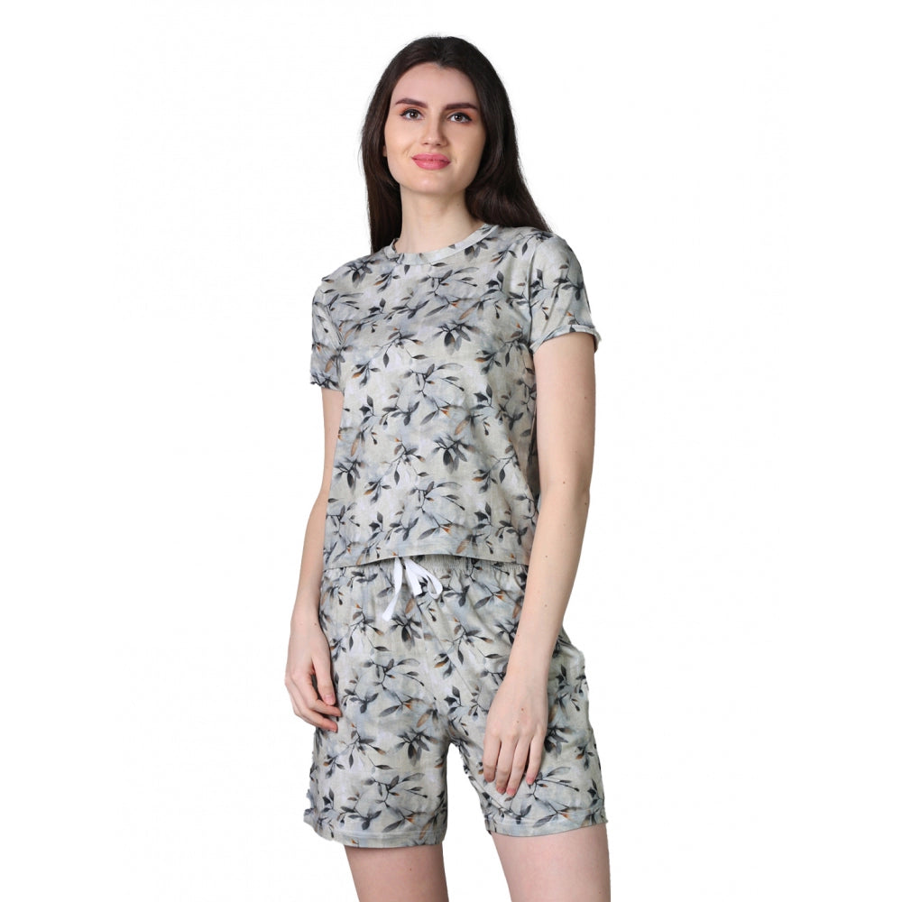 Generic Women's Cotton Blended Printed Round Neck Half Sleeve Top - Shorts Set (Grey)