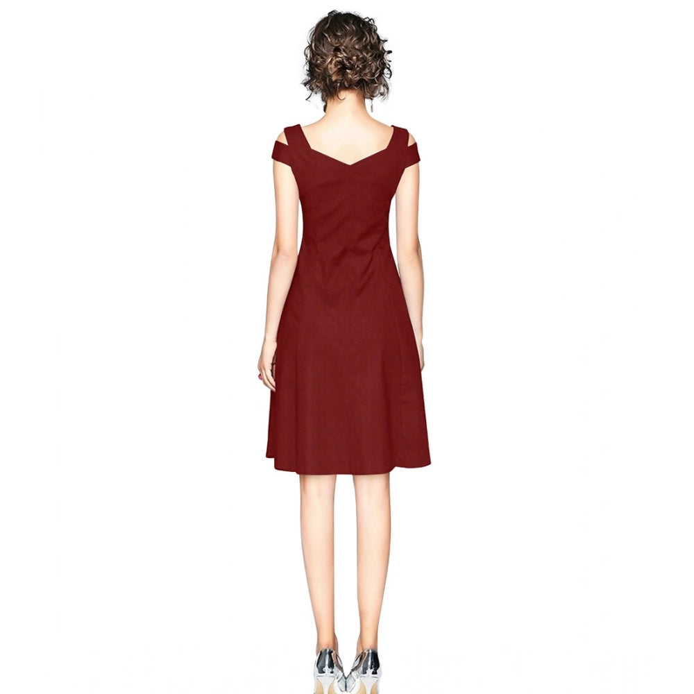 Generic Women's Polyester Solid V Neck Cap Sleeve off Shoulder Dress (Maroon)