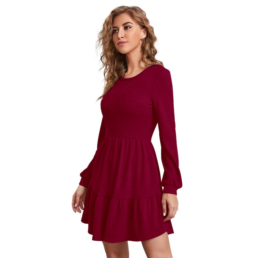 Generic Women's Knitting stretchable Solid Round Neck Full Sleeve Dress (Maroon)