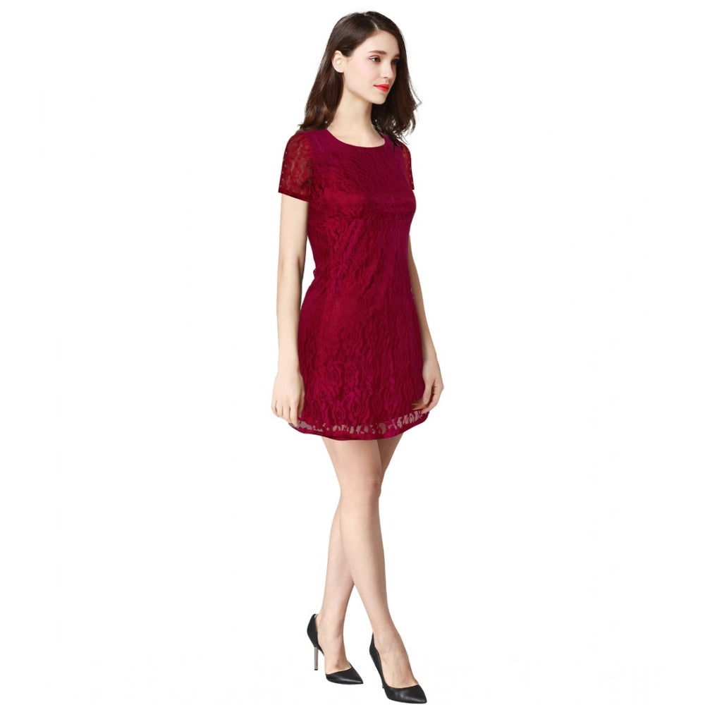 Generic Women's Rasal Solid Round Neck Cap Sleeve Dress (Maroon)