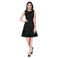 Generic Women's Polyester Solid Round Neck Sleeveless Dress (Black)