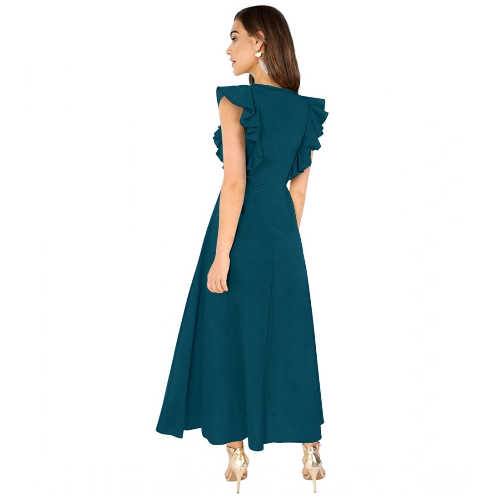 Generic Women's Knitting stretchable Solid Round Neck Ruffled Sleeve Dress (Morpich)