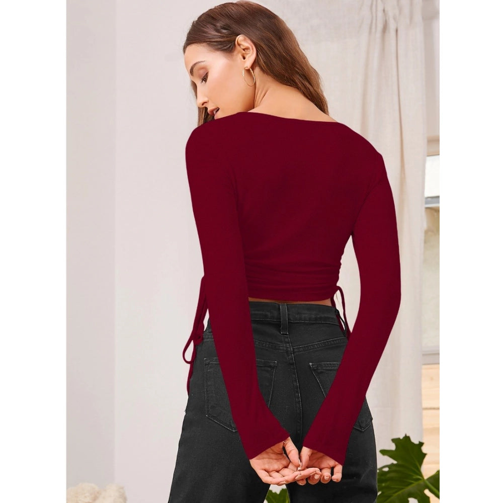 Generic Women's Polyester Solid Round Neck Full Sleeve Top (Maroon)
