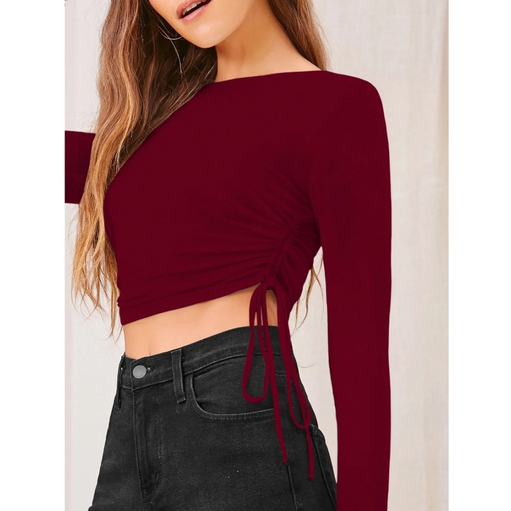 Generic Women's Polyester Solid Round Neck Full Sleeve Top (Maroon)