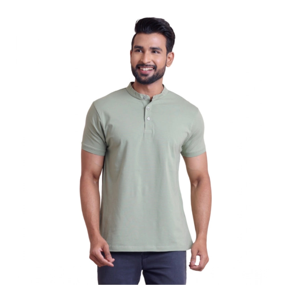 Generic Men's Casual Cotton Solid Half Sleeve Mandarin Collar T-Shirt (Newsage)