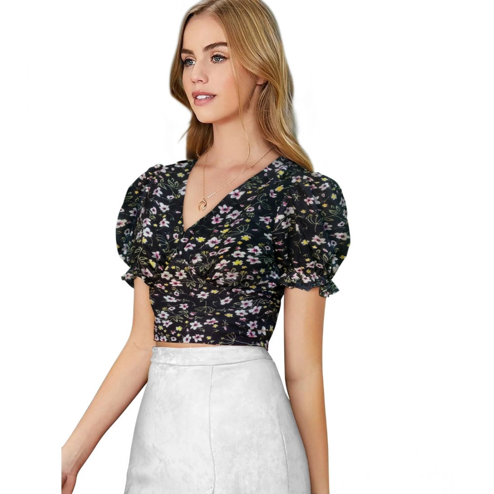 Generic Women's Knitting Printed V-Neck Puff Sleeve Tops (Black)