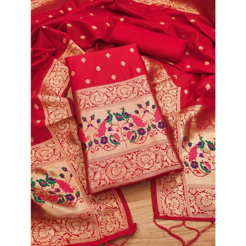 Generic Women's Banarasi Silk Printed Unstitched Salwar Suit Material With Dupatta (Red, 3Mtrs)