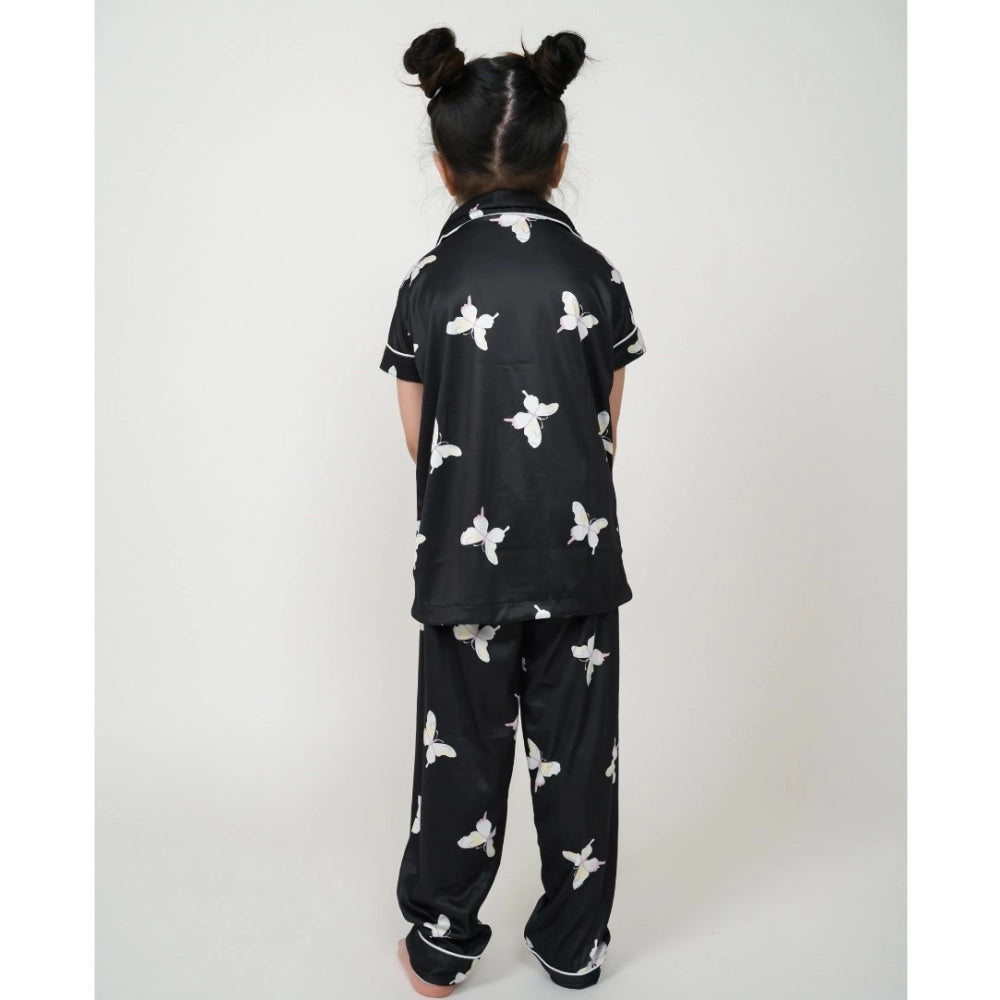 Generic Girl's Silk Bleand Printed Short Sleeve Night Suit Set (Black)