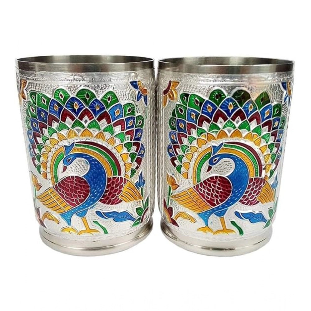 Generic Steel Meenakari Peacock Design Decorative Glass Set (Silver)