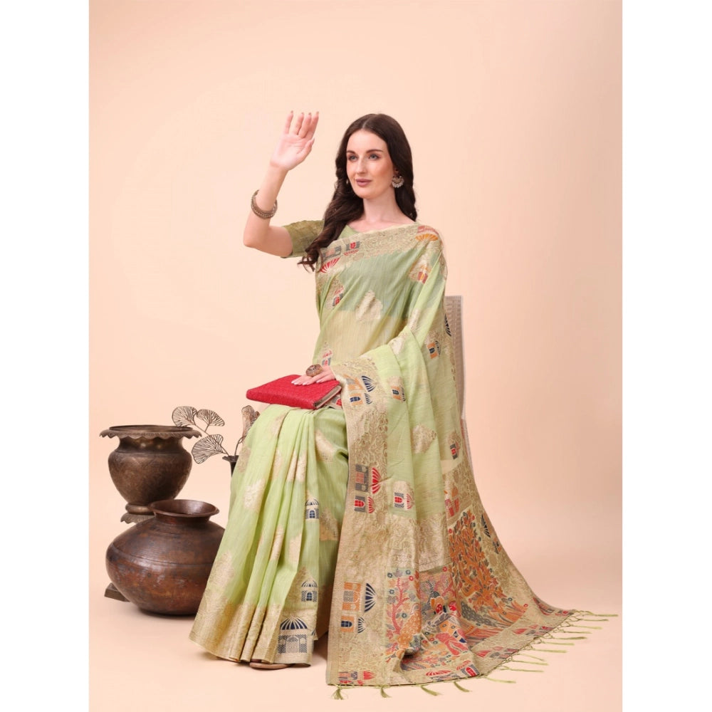 Generic Women's Linen Cotton Printed Saree With Unstitched Blouse 5.5Mtr (Light Green)