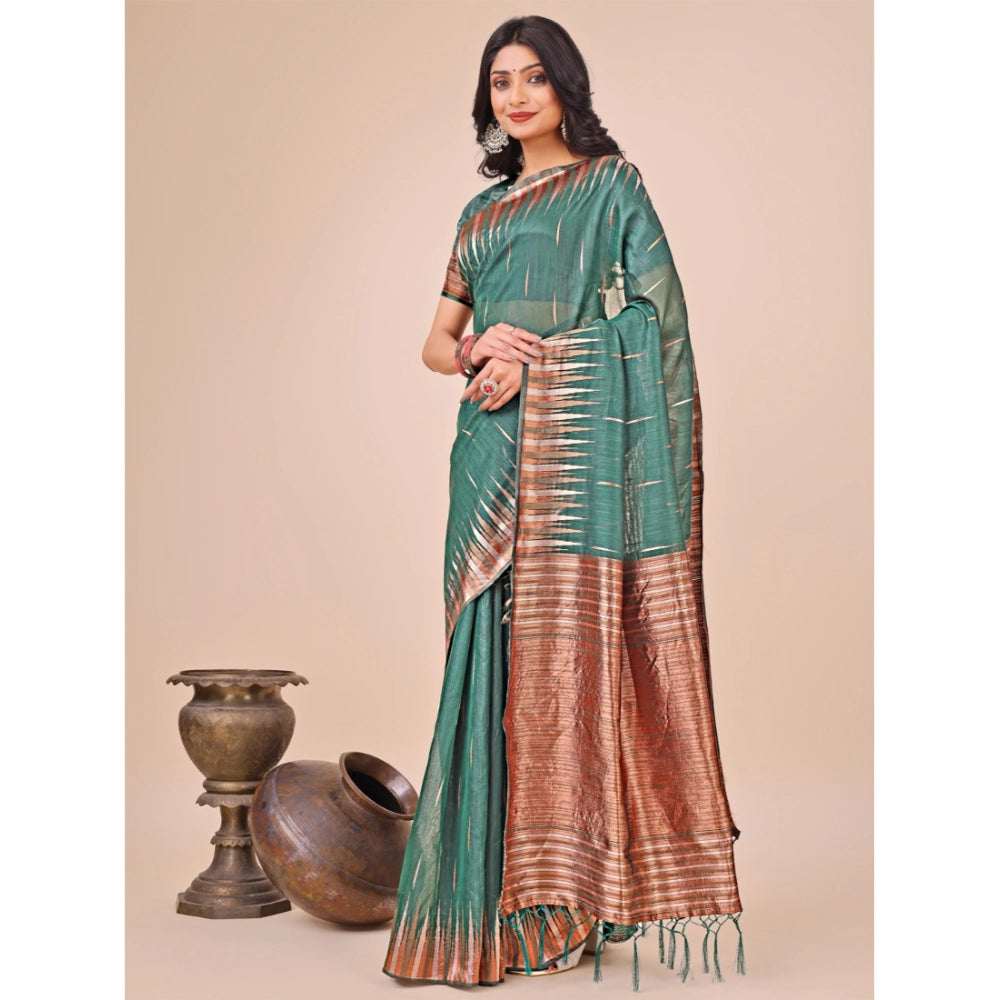 Generic Women's Linen Cotton Printed Saree With Unstitched Blouse 5.5Mtr (Green)