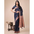 Generic Women's Linen Cotton Printed Saree With Unstitched Blouse 5.5Mtr (Navy Blue)