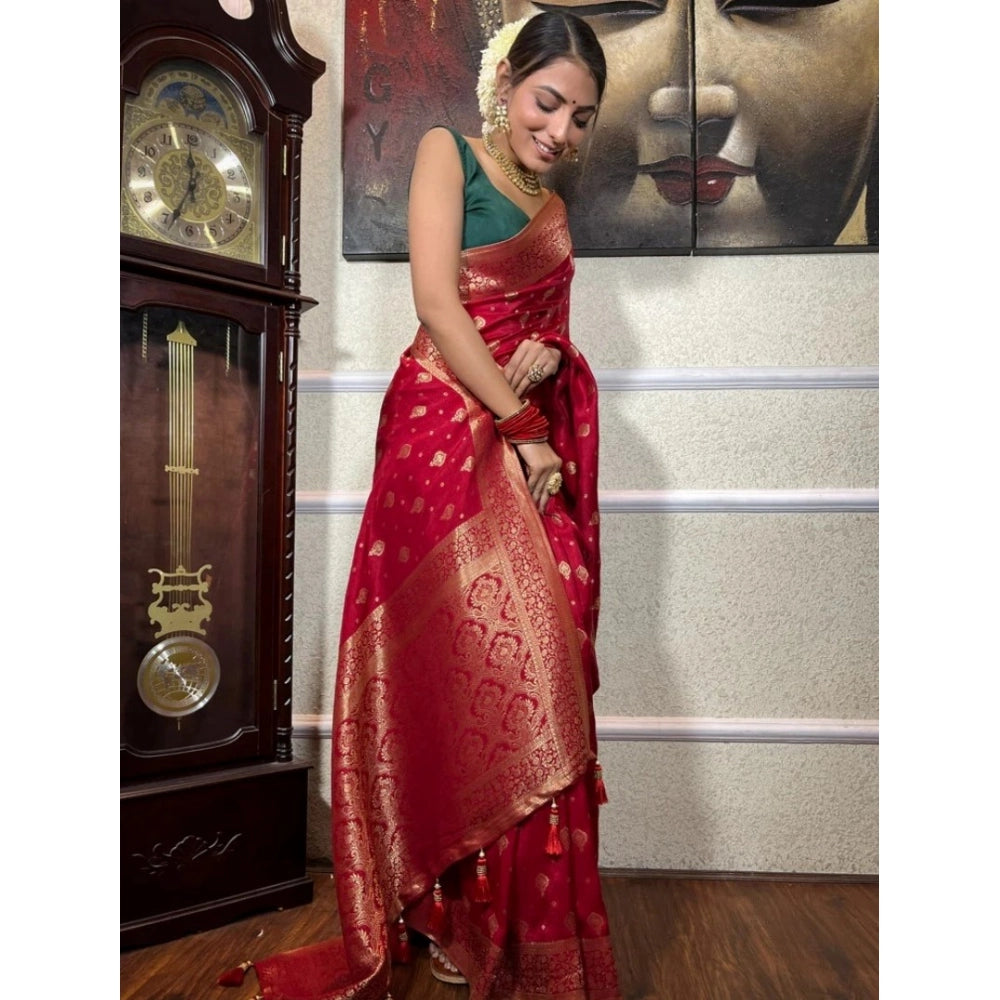 Generic Women's Silk Printed Saree With Unstitched Blouse 5.5Mtr (Red)