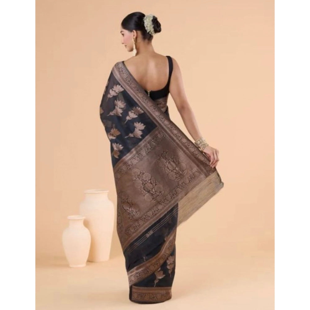 Generic Women's Silk Printed Saree With Unstitched Blouse 5.5Mtr (Black)