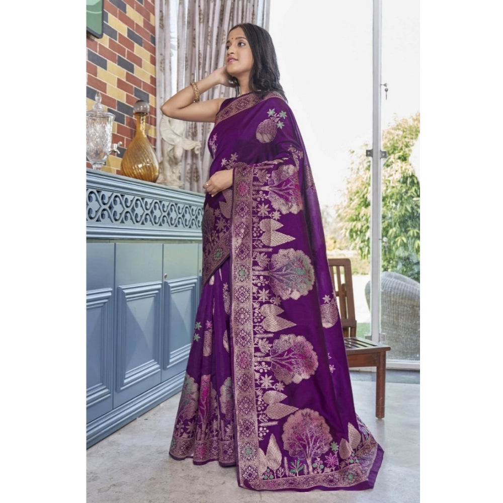 Generic Women's Silk Printed Saree With Unstitched Blouse 5.5Mtr (Purple)