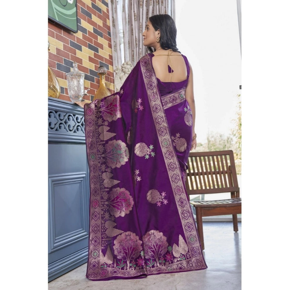 Generic Women's Silk Printed Saree With Unstitched Blouse 5.5Mtr (Purple)