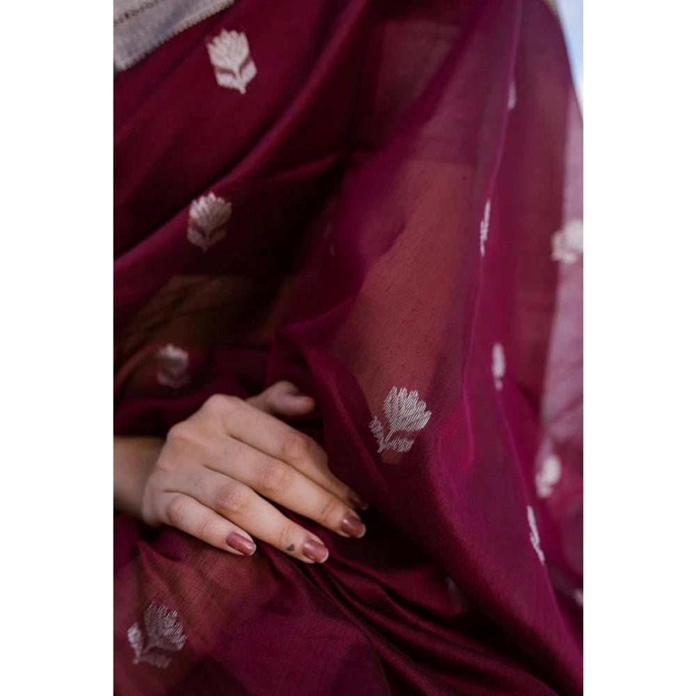 Generic Women's Cotton  Printed Saree With Unstitched Blouse 5.5Mtr (Maroon)