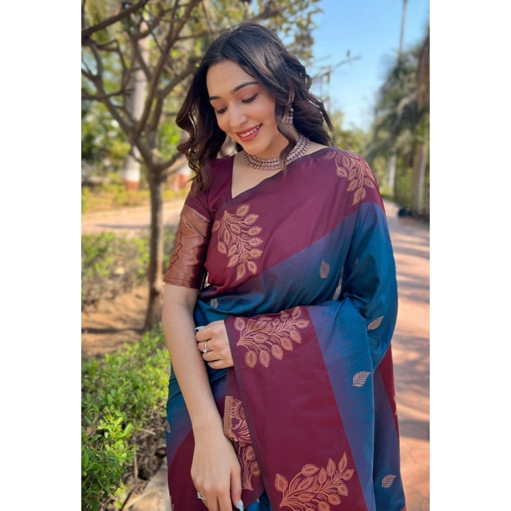 Generic Women's Silk Printed Saree With Unstitched Blouse 5.5Mtr (Blue)