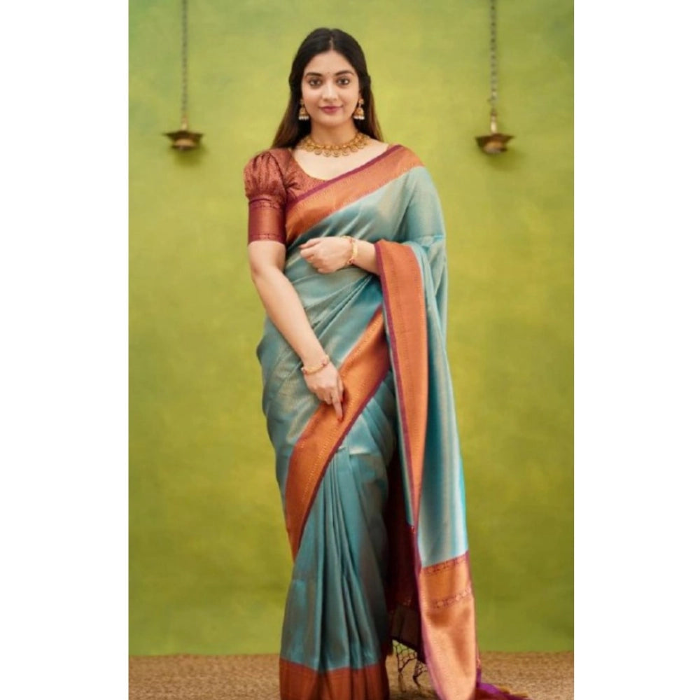 Generic Women's Silk Printed Saree With Unstitched Blouse 5.5Mtr (Rama)