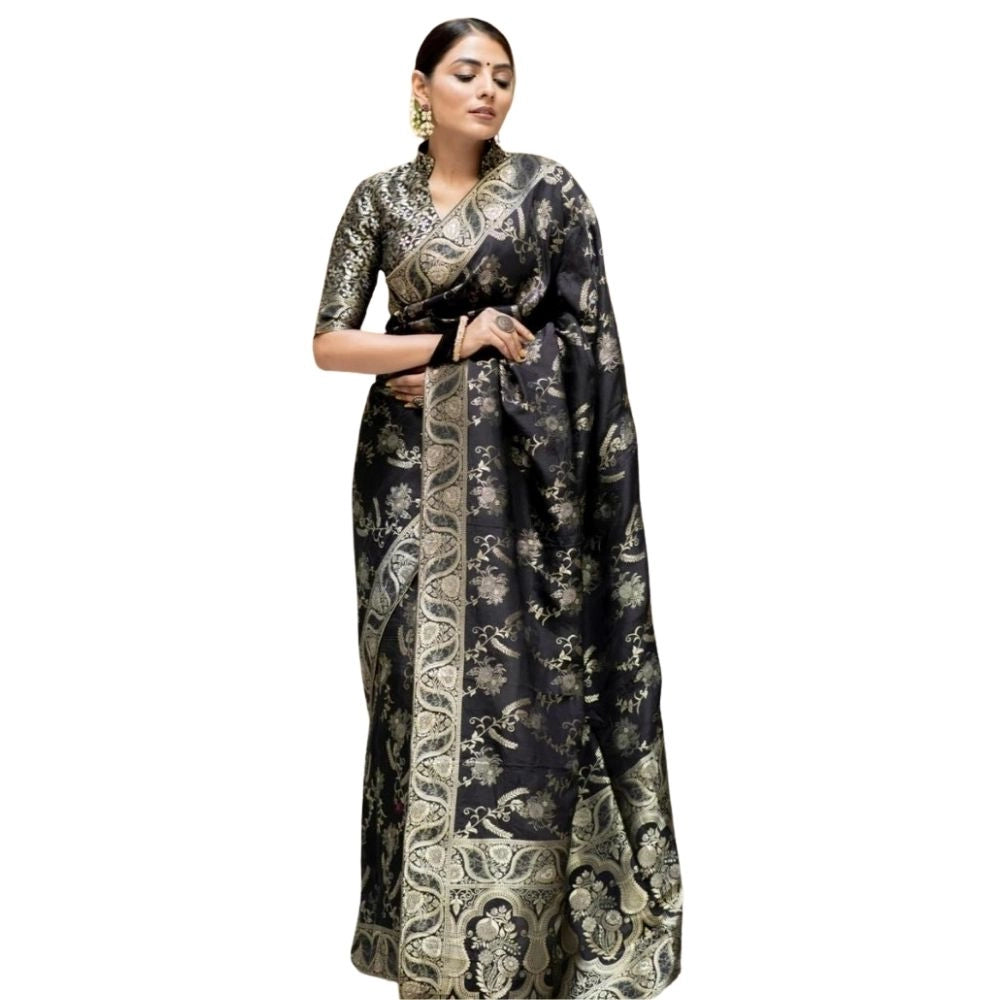Generic Women's Silk Printed Saree With Unstitched Blouse 5.5Mtr (Black)