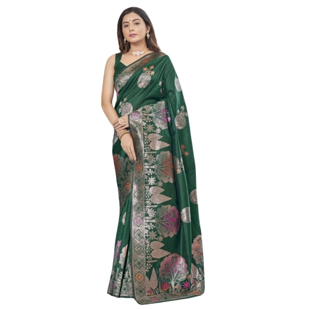 Generic Women's Silk Printed Saree With Unstitched Blouse 5.5Mtr (Green)