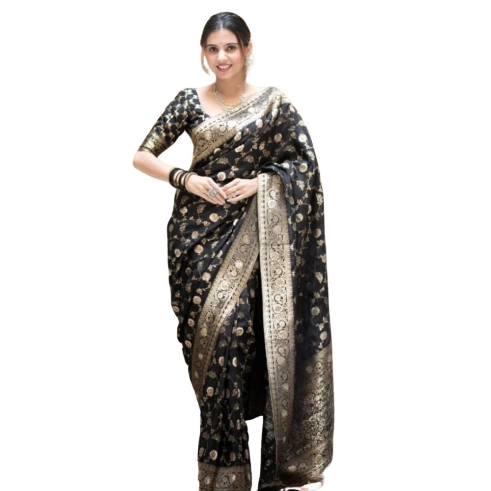 Generic Women's Silk Printed Saree With Unstitched Blouse 5.5Mtr (Black)