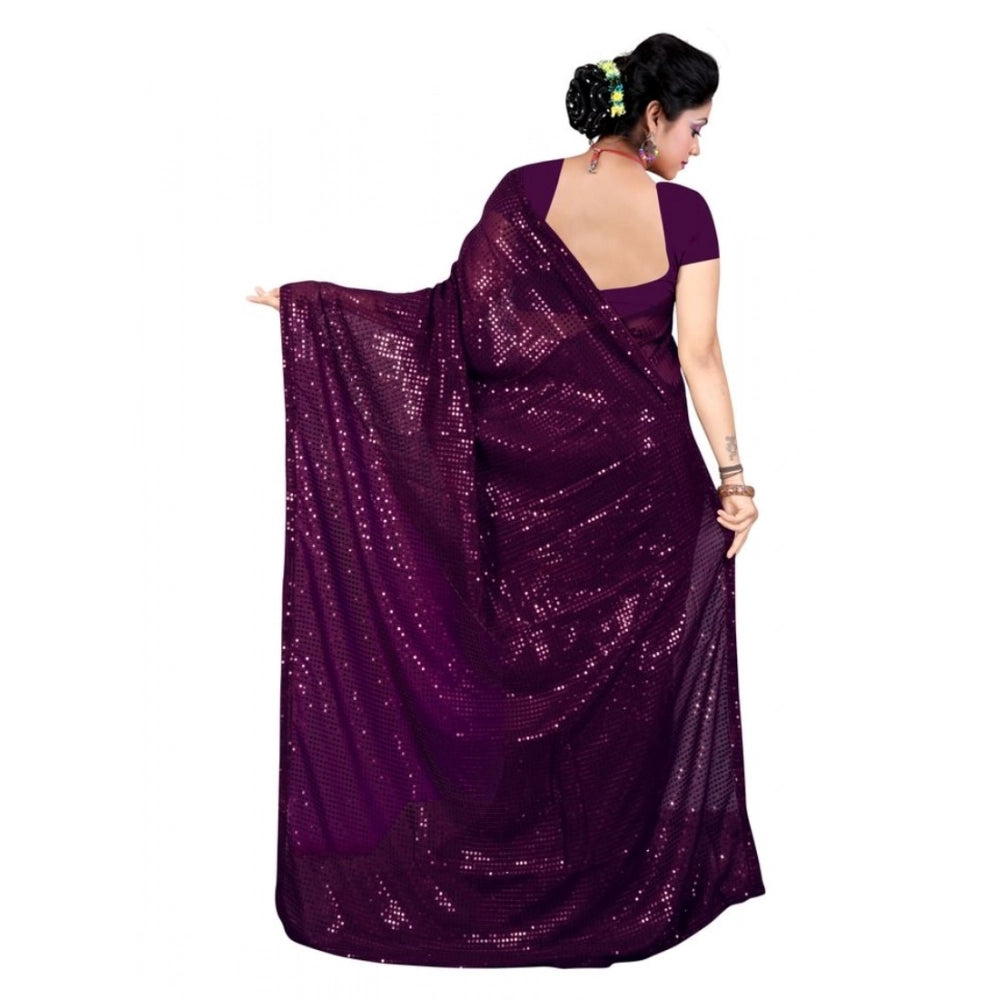 Generic Women's Georgette Embellished Sequnece Bollywood Saree With Unstitched Blouse 5.5Mtr (Purple)